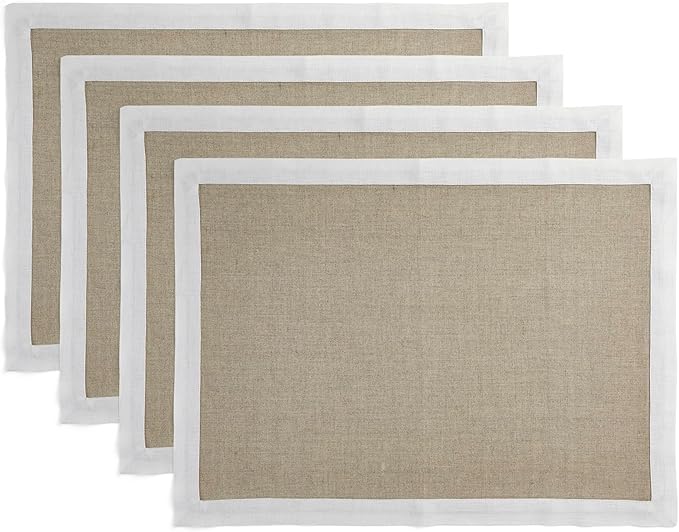 Solino Home Linen Cloth Placemats Set of 4-100% Pure Linen White and Natural Placemats 14 x 19 Inch for Winter, Holiday - Classic, Handcrafted and Machine Washable