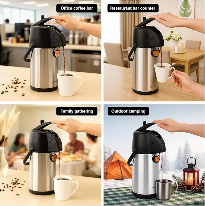 Airpot Coffee Dispenser Thermal with Pump,1.9L/64 Oz Insulated Stainless Steel Large Airpot Coffee Carafe Lever Action for Hot/Cold Water,Thermal Carafe for Hot Cocoa for Parties
