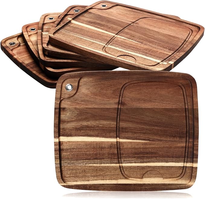 Uiifan 6 Pcs Steak Plates with Juice Channel Wooden Steak Board Set Acacia Cutting Serving Board for Christmas Home Serving Eating Meat Dishes Snack Dessert, 13 x 11 x 0.6 Inch