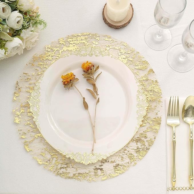 20 Pack 13" Metallic Gold Foil Placemats, Round Shiny and Durable, Disposable Mesh Table Mats for Dining and Parties