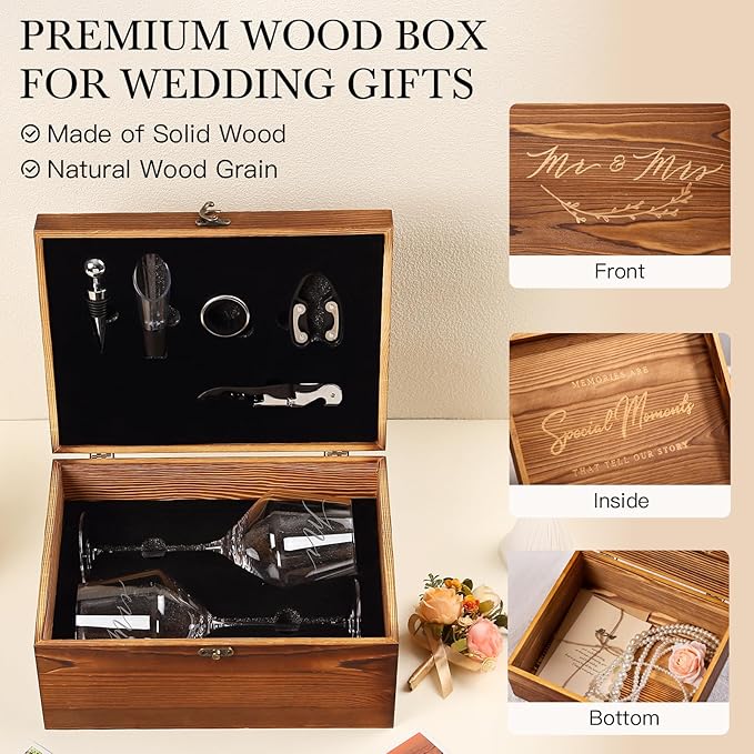 Mr and Mrs Wine Glasses Set with Wooden Box and Wine Accessories – Engagement or Housewarming Gift for Couple