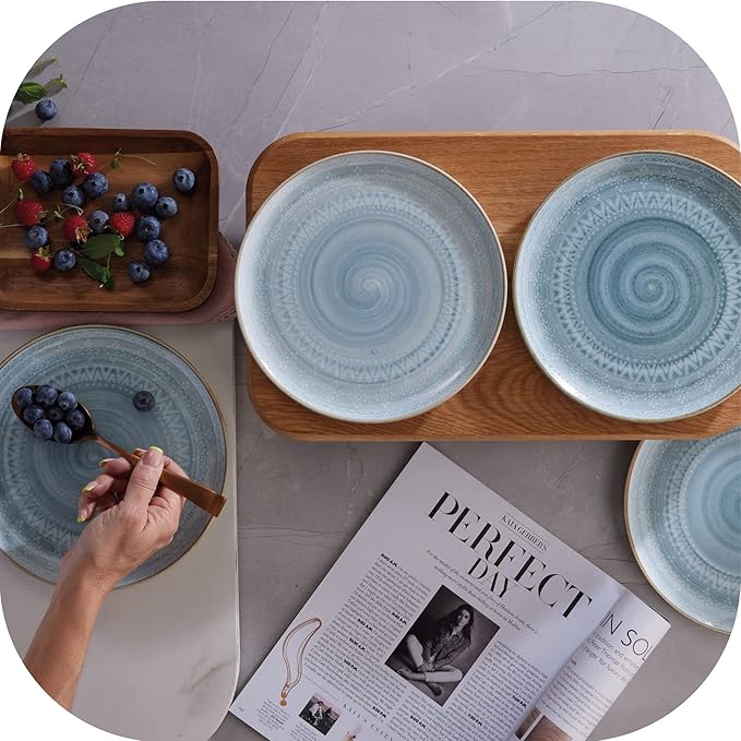 Corona 12-piece Blue Tribal Hand-Painted Details Ceramic Dinnerware Sets | Plates and Bowls | Service For 4 | Congo