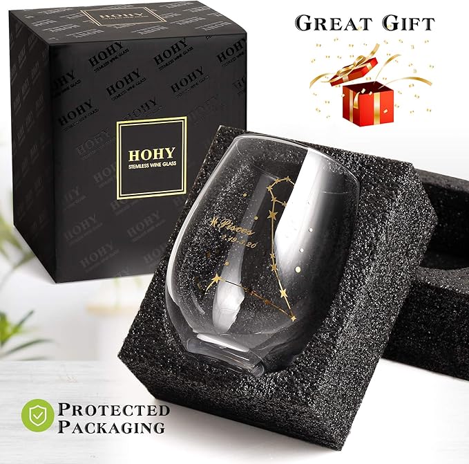 HOHY Pisces Zodiac Wine Glass 20 Oz, Pisces Zodiac Birthday Horoscope Wine Gifts for Women, Birthday Wine Glass Astrology Constellation Christmas Gifts for Women, Constellation Wine Glasses Golden