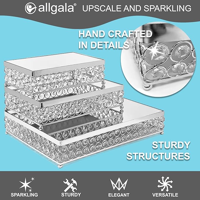 allgala Wedding Cake Stands 3-Piece Set Crystal Silver Cheese Dessert Cupcake Cake Stand with Mirror Plate-Silver Rectangle-HD89205