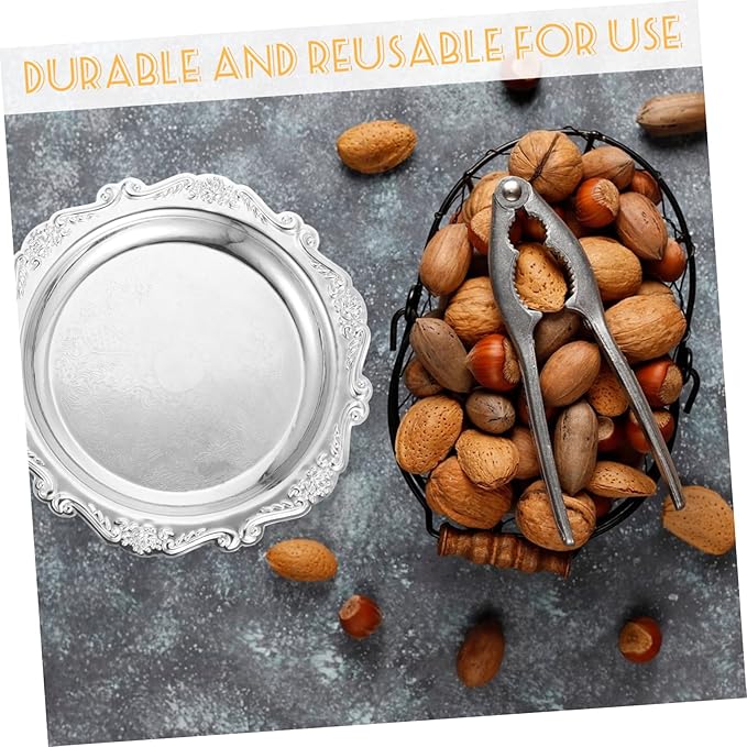 PRETYZOOM European Style Decorative Snack Plate Silver Embossed Candy Dish Vintage Cake Serving Tray for Weddings Parties Restaurants and Home Decor