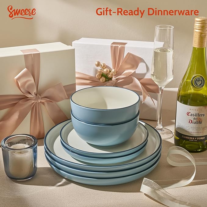 Sweese Dinnerware Sets Service for 6, 18 pcs Matte Glaze Plates and Bowls Sets, Handmade Porcelain Dish Set, Highly Chip and Crack Resistant Modern Dinner Set, Blue White