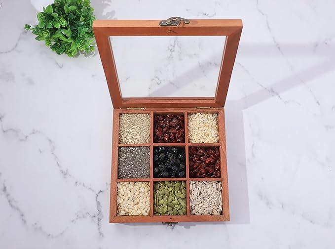 Ajuny Wooden Spice Box 8x8 Inch - Decorative Masala Dabba Organizer with Glass Lid, 9 Fixed Compartments & Spoon, Spice Storage Container, Ideal for Seasonings & Herbs, Perfect for Gift