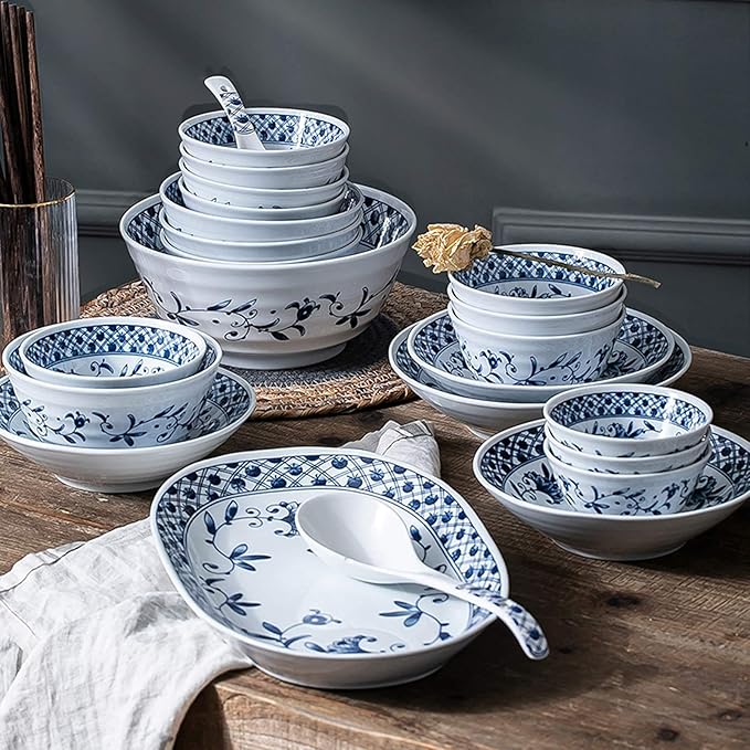 Kitchen Tableware Set,Ceramics Dinner Sets, Blue and White Porcelain Porcelain Dinnerware Set of 45 Simplicity Cereal Bowl and Steak Plate Set for Family Dinner