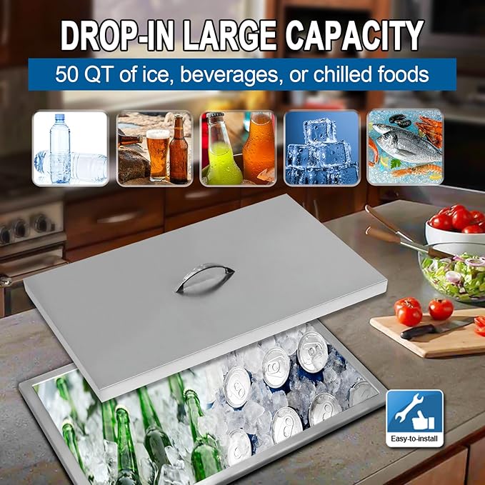 Drop in Ice Chest with Cover Stainless Steel Ice Cooler Included Drain-Pipe and Drain Plug Drop in Ice Bin Outdoor Kitchen for Cold Wine Beverage