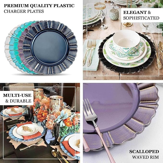 Efavormart 12-Pack Acrylic Plastic Charger Plates 13" Round White with Gold Brushed Wavy Scalloped Rim - Decorative Dinner Party Charger Tableware