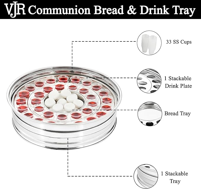 VJR Communion Tray Set with Bread Plate & Cover – Polished Stainless Steel Drink Serving Set – Church Communion Plates and Tray Set