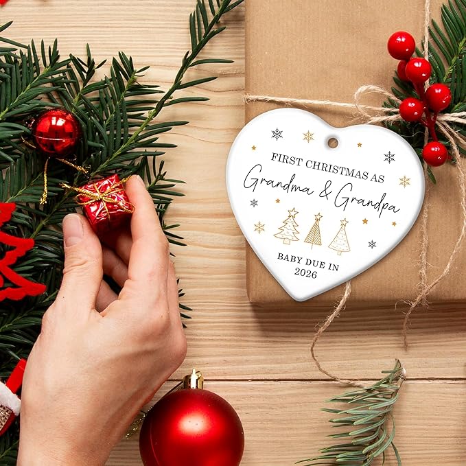 ZAGKOO First Christmas as Grandma and Grandpa Ornament 2025 - Baby Due in 2026 Ornament - New Grandparents Promoted to Grandparents Pregnancy Announcement Ceramic Heart Ornaments
