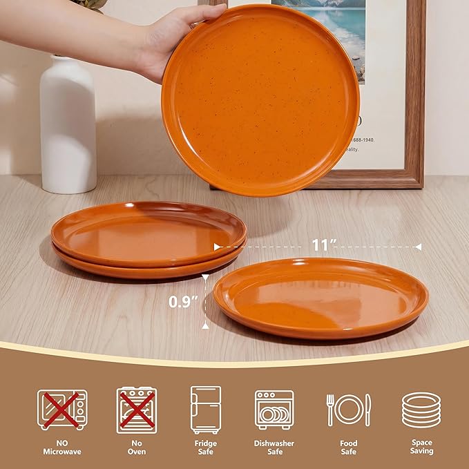 ONEderful 11 Inch Melamine Dinner Plates Set of 4 - Orange Modern Flat Plates, Durable & Lightweight Catering Dishes for Halloween, Christmas, Parties, Picnics, Holidays, Dishwasher Safe (Orange)