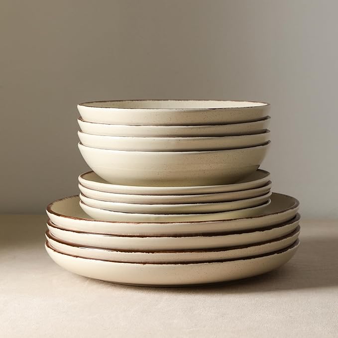 Earth and Clay Heath 12-Piece Dinnerware Set Stoneware, Plates and Bowls Set, Dishwasher and Microwave Safe, Dish Set for 4, Coffee