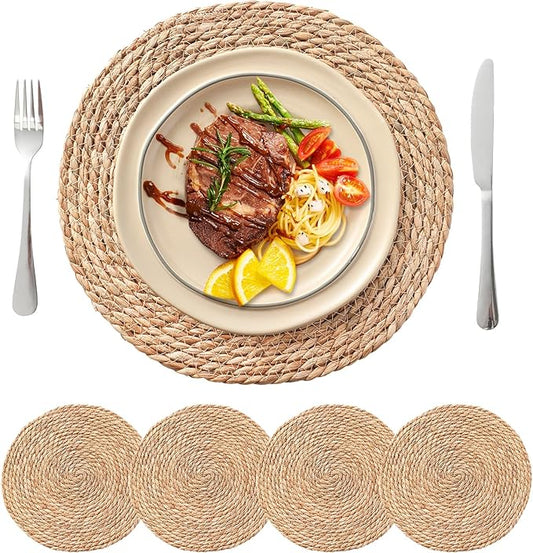 Round Woven Placemats Set of 4, 13.5'' Boho Rattan Chargers for Dinner Plates, Rustic Wicker Place Mats, Straw Braided Table Placemats, for Dining Table Decor, Wedding, Farmhouse and Outdoor