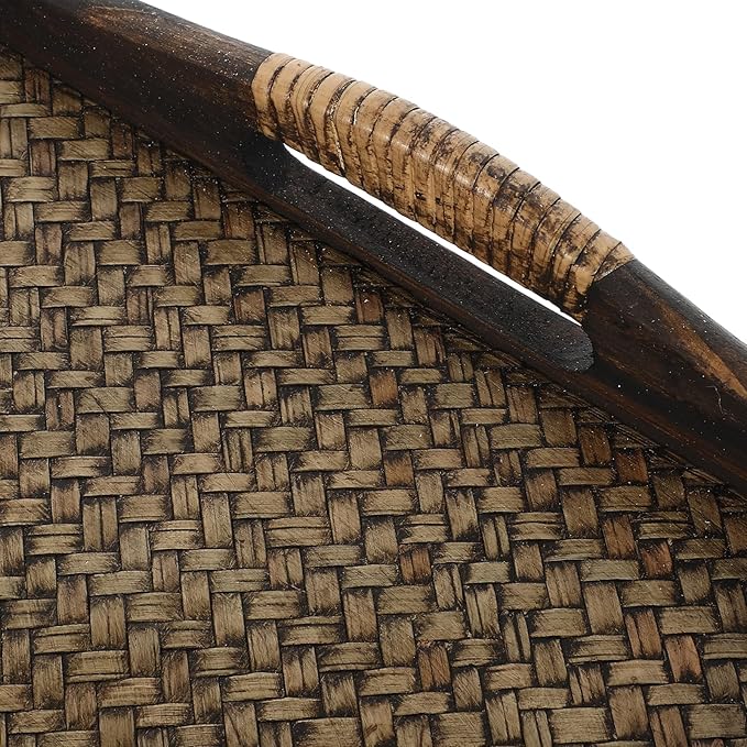 Large Rectangular Wood Tea Tray with Raised Handles, Southeast Asian Style Rattan Woven Serving Tray for Tea Room, Dessert, Fruit Bread, and Beverage Display