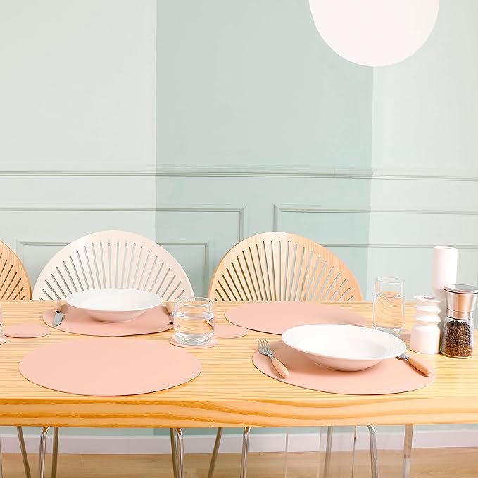 Wipeable Placemats and Coasters Leather Table Mats Waterproof Heat-Resistant Easy to Clean for Dining Table Set Kitchen Table Set of 6, Peach