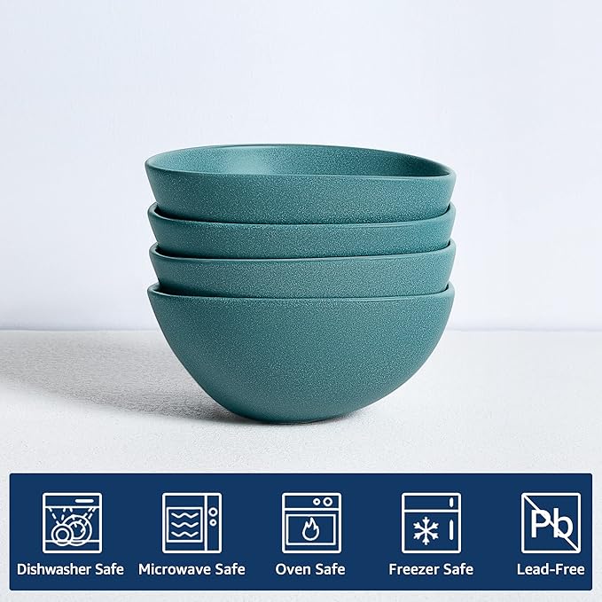 fanquare 22oz Green Matte Salad Bowls Set of 4, Porcelain Kitchen Serving Bowl for Pasta, Soup, Prep, Ramen, Microwave Safe, 6.5"