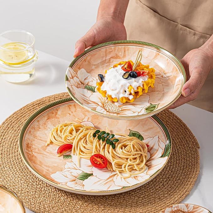 Plates and Bowls Sets for 6, 24-Piece Dinnerware Set Ceramic, Dish Sets for 6 with Camellia Floral Pattern, Microwave & Dishwasher Safe for Everyday Use & Gift Giving