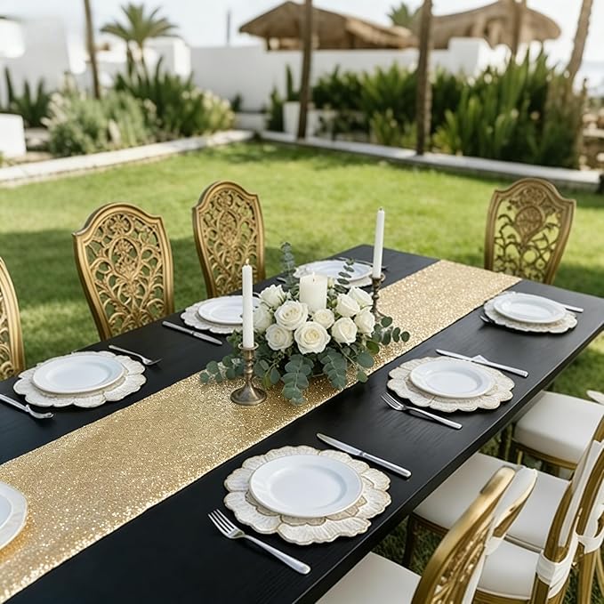 FAVE 6PCS Floral Round Placemats Golden Placemats Vinyl Placemats Set of 6 for Dining Table Reusable Metallic Shiny Gold Placemats for Wedding, Banquet, Birthday, Party, Restaurant （15 x15,Gold）