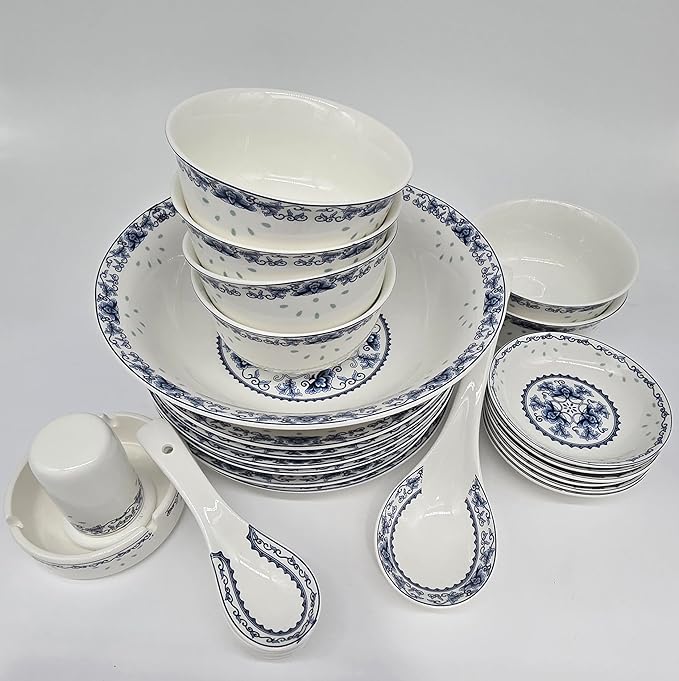 28-piece Bone China Blue and White Dinnerware Set Service for 6 Rice Bowl Set Jingdezhen, (blue lotus)