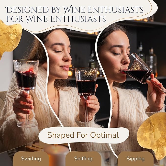 Bec's Designs Gold Rimmed Wine Glasses – Set of 4, 10oz Handblown Hammered Glass, Unique Triangular Shape – Elegant Stemware for Red, White & Champagne