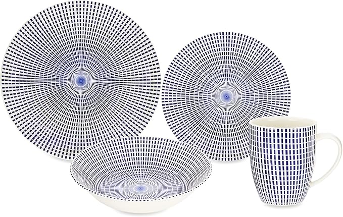 Tudor Royal Collection 12-Piece Round Dinnerware Set, Service for 4, Singapore Design, Blue Spiral, Plates Bowls Dishes, High-Gloss Premium Quality