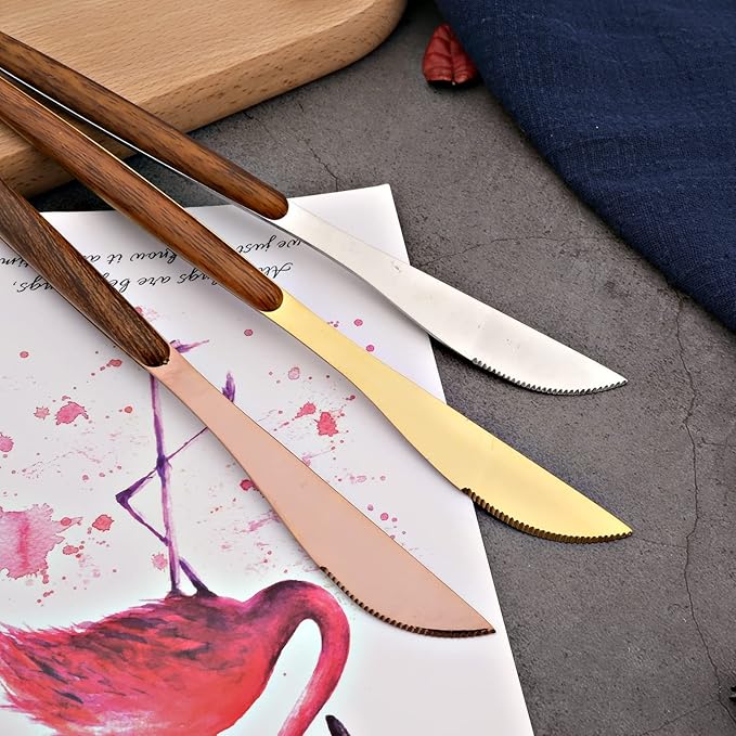 20-piece Wood Silverware Set for 4, Include Knife Fork Spoon, Stainless Steel Flatware Set with Wooden Handle, Mirror, Dishwasher Safe, for Home Kitchen Travel - Round Handle Silver