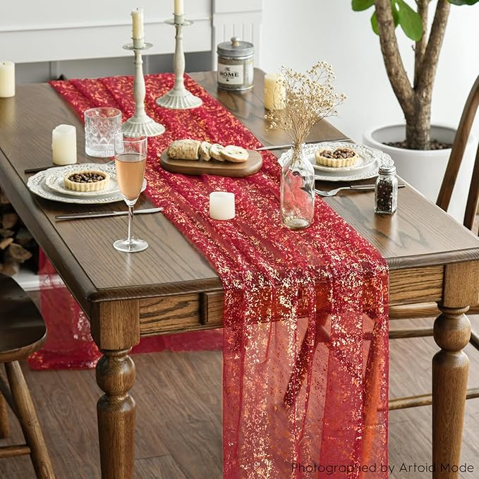 Artoid Mode Red Gold Gauze Table Runner 59x120 Inch 10FT, Glitter Metallic Foil Sheer Dining Wedding Anniversary Holiday Table Decor for Home Party