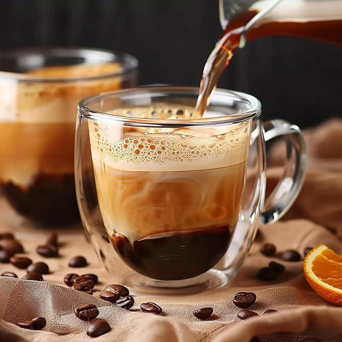 YMMIND Set of 2 Double Walled Glass Coffee Mugs 6 Ounces Insulated Layer Coffee Cups with Handle Borosilicate Glass Espresso Cup for Hot Beverage,Cappuccino,Tea,Latte,Wine,Microwave Safe