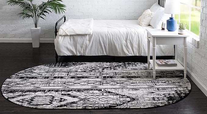 Rugs.com Oregon Collection Rug – 3' x 5' Oval Black and White Low-Pile Rug Perfect for Living Rooms, Large Dining Rooms, Open Floorplans