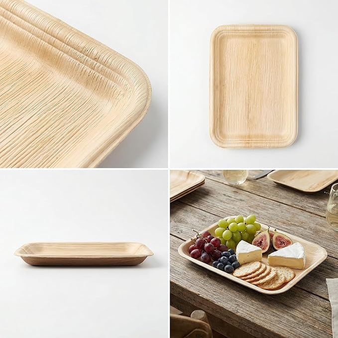 Koala love Bamboo Serving Tray and Platter Disposable Charcuterie Boards Plates and Party Platters Trays Compostable Wooden Food Platters Palm Leaf Dinner Catering Trays 10" x14" (10 pc)
