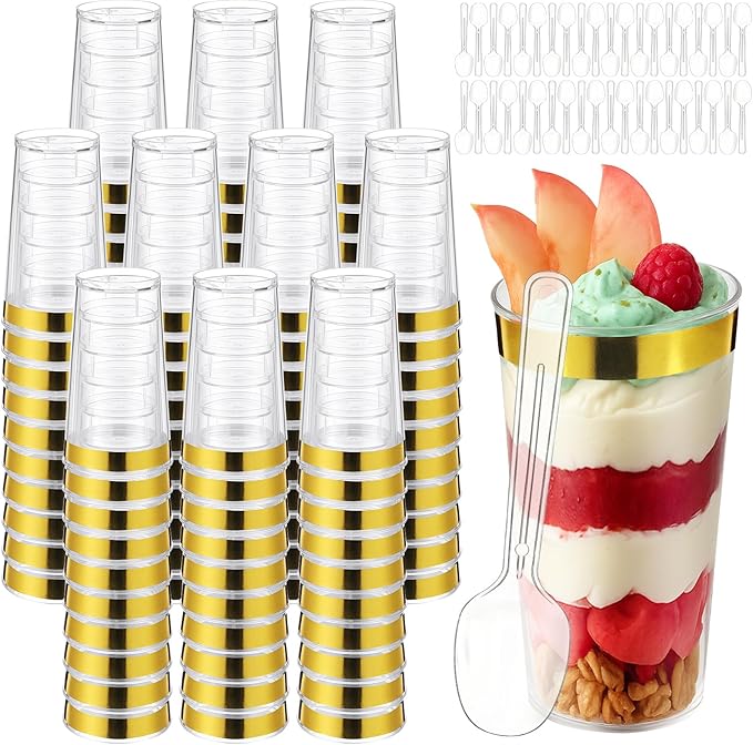 200 Pcs Christmas Dessert Cups with Spoons Small Plastic Goblets Disposable Parfait Pudding, Mousse, Appetizer Cups Set for Fall Thanksgiving Wedding Party(Gold Rim,3 oz,Round)