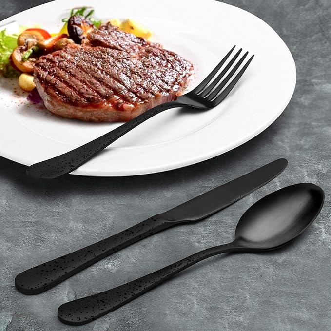 O.C.E. Matte Black Silverware Set, Stainless Steel Flatware, 20-Piece Tableware Cutlery Service for 4, Satin Finish Utensils, Dishwasher Safe (Starry Black)