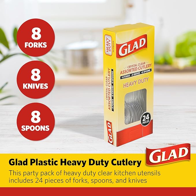 Glad Crystal Clear Assorted Plastic Cutlery Forks, 24 Count | Clear And Heavy Duty Plastic Silverware | 8 Forks, 8 Knives, 8 Spoons | Glad Disposable Tabletop