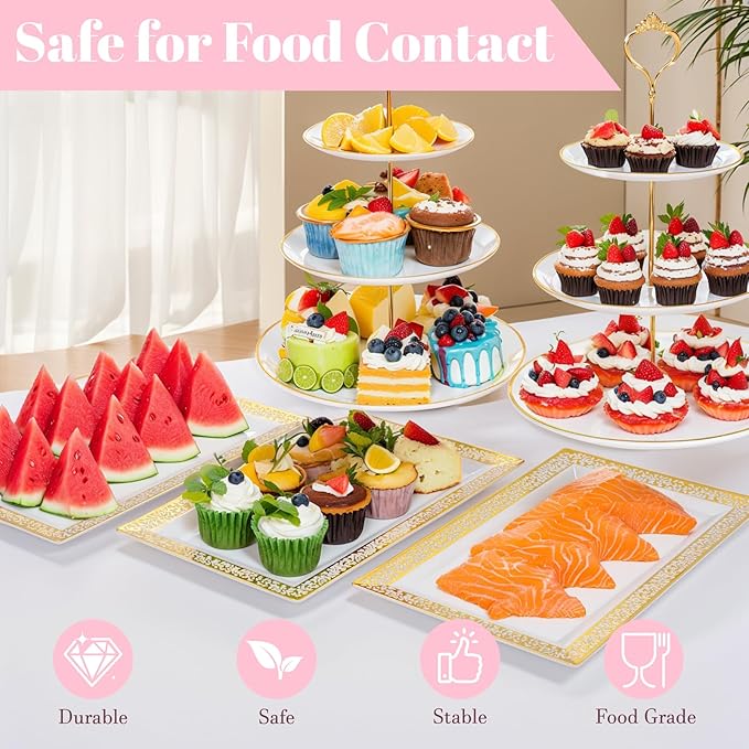 Supernal 10 Pack Dessert Table Display Set -4 Sets 3 Tier Cupcake Stand,6 Pcs Food Serving Trays,Elegant Tableware for Cupcakes and Snacks,Perfect for Tea Party Baby Shower Decorations(White and Gold)