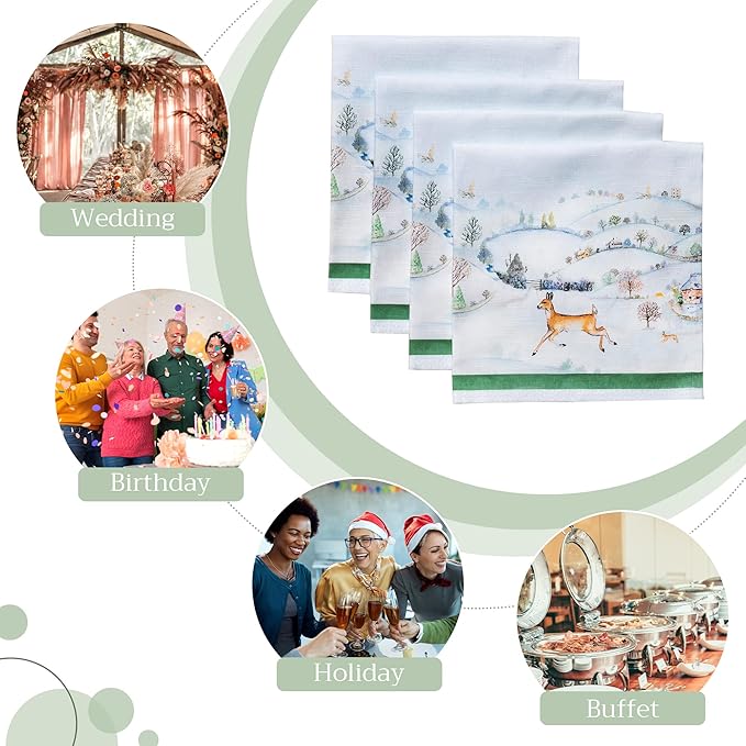 Maison d' Hermine Cloth Napkins Set of 4 100% Cotton for Thanksgiving Christmas Decorations Everyday Reusable Square Fall Napkins Cloth Washable Dinner Party (Snowy World, 20"x20")