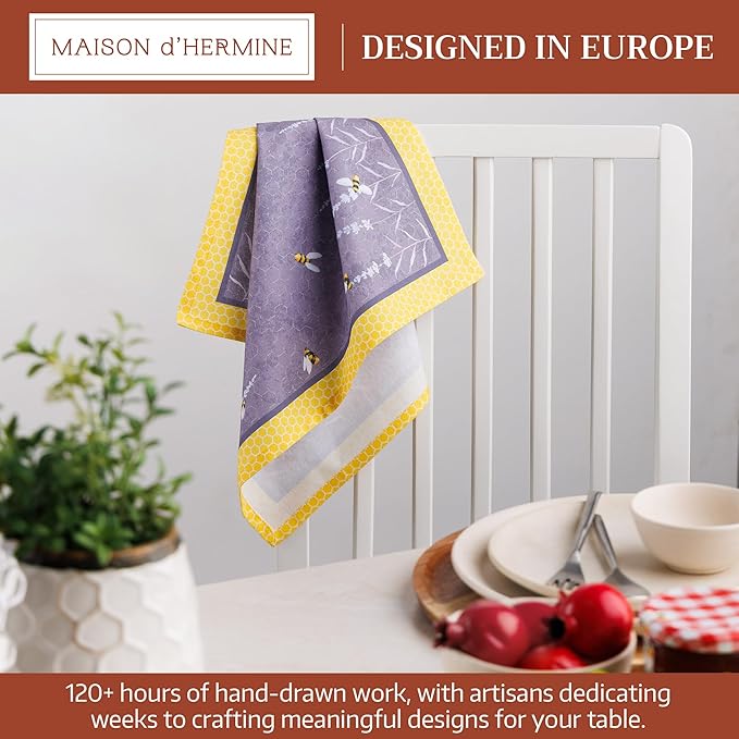 Maison d' Hermine Cloth Napkins Set of 4 100% Cotton Soft & Durable Everyday Reusable Square Napkins Cloth Washable, Dinner, Cocktail Party, Wedding, Restaurant (Bees are Buzzing, 18" x 18")