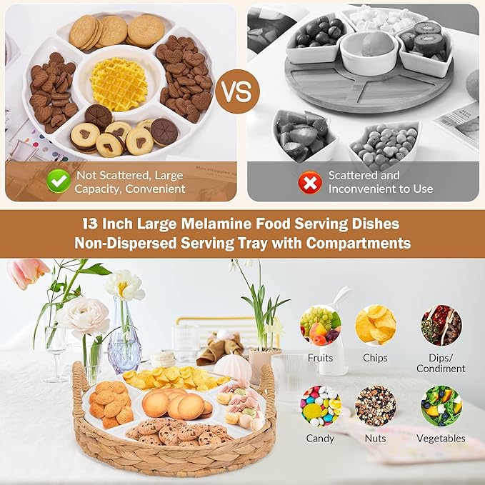 GENMOUS Chips and Dip Serving Tray, 13" Divided Serving Trays for Dips Candy, Water Hyacinth with 5 Sectional Melamine Appetizer Relish Trays for Parties