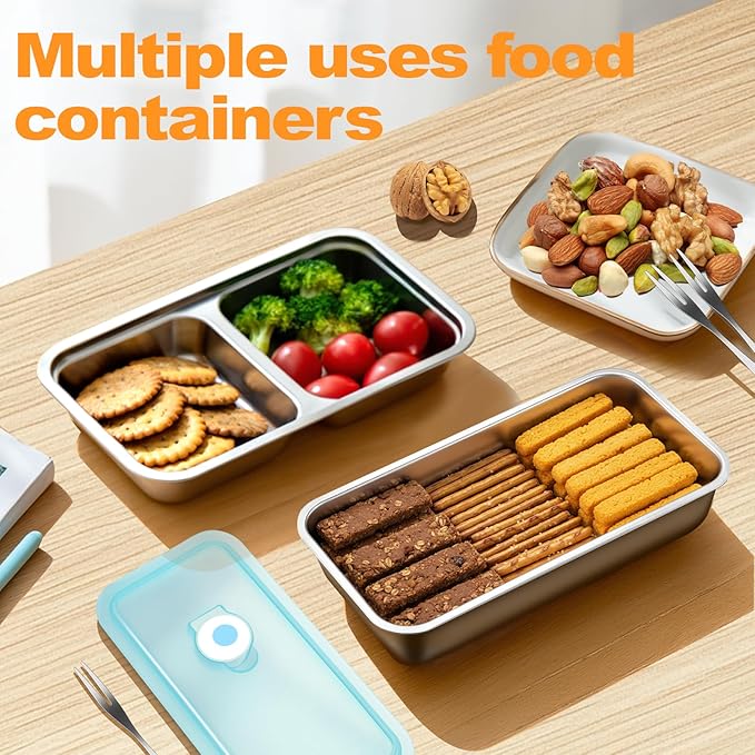 Stainless Steel Snack Containers with Lids, Reusable Bento Lunch Container Box, Food Storage, Leak Proof, Dishwasher-Safe, Grab and Go for Work, 3 Single + 3 Double Compartment