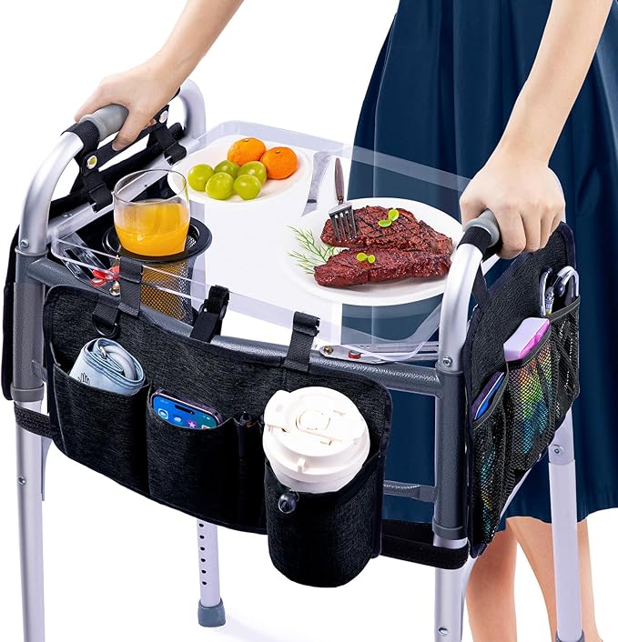 BAGSFY Clear View Walker Tray with Cup Holder & Front, Side Pockets, Transparent Folding Walker Table for Seniors, 8.8lbs Load-Bearing Sturdy PP Tray, Universal Fit Walker Accessory for Elderly