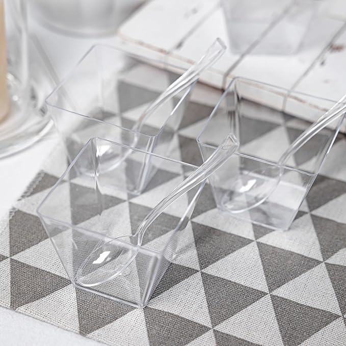 50 Pack 4oz Mini Dessert Cups with Soopns, Clear Square Dessert Bowls Small Plastic Parfait Cups Appetizer Cups for Wedding Party