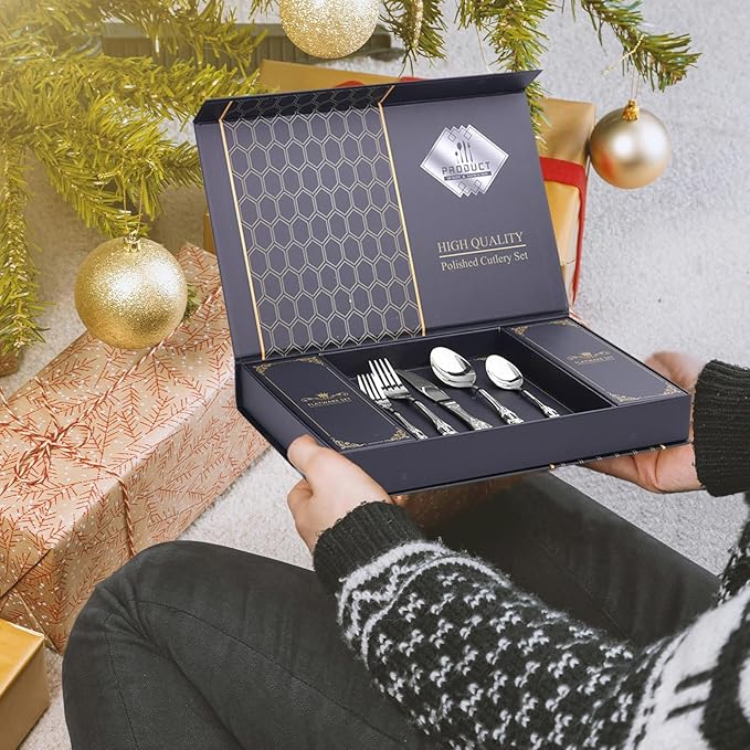 60 Piece Gorgeous Retro Royal Silverware Set for 12, Premium Stainless Steel Flatware Set with gift box, Mirror Polished Cutlery Set Including Spoons and Forks, Vintage Utensils, Dishwasher Safe