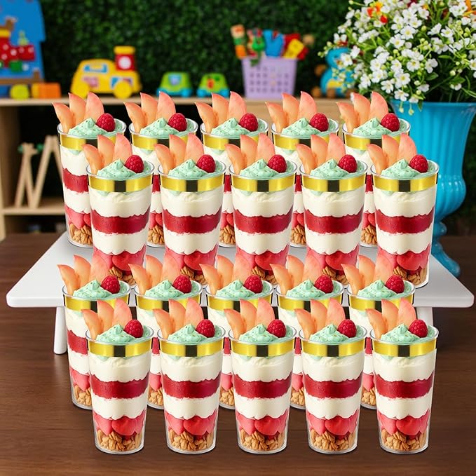 200 Pcs Christmas Dessert Cups with Spoons Small Plastic Goblets Disposable Parfait Pudding, Mousse, Appetizer Cups Set for Fall Thanksgiving Wedding Party(Gold Rim,3 oz,Round)
