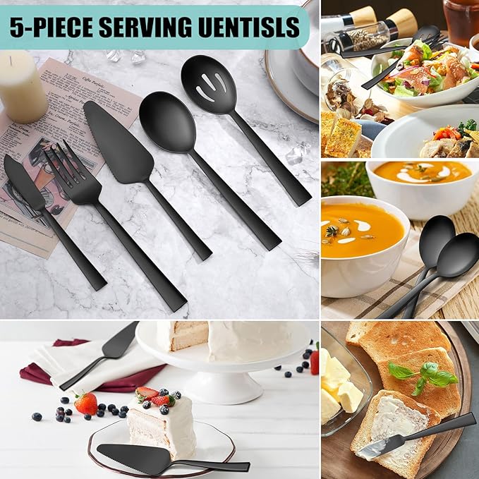 VeSteel 45Pcs Matte Black Silverware Set with Serving Utensils, Stainless Steel Flatware Set Service for 8, Metal Cutlery Eating Utensils Tableware Includes Forks/Spoons/Knives/Hostess Set