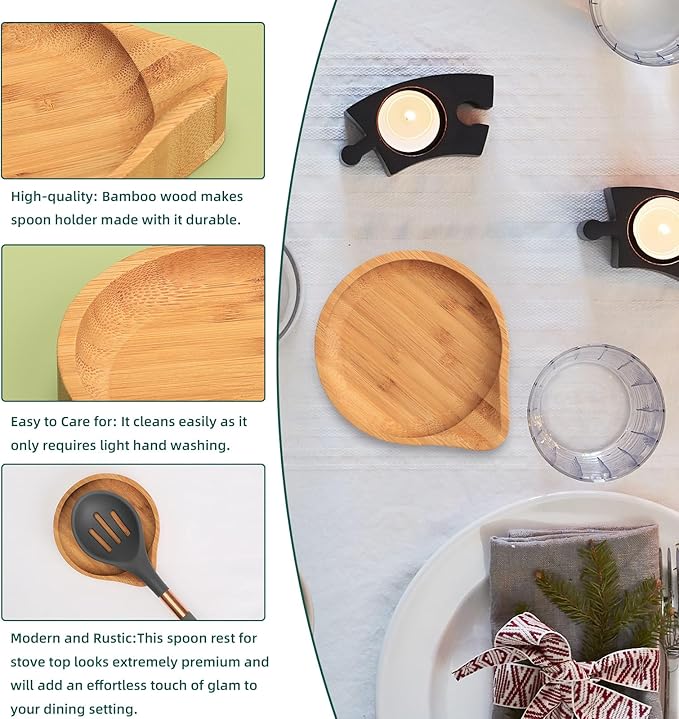 Spoon Rest for Stove Top, Bamboo Wood Spoon Holder for Kitchen Counter for Preventing Sauce Spillage, Round Utensil Rest for Spatula/Coffee Spoons/Forks, Kitchen Accessories Rustic Home Décor