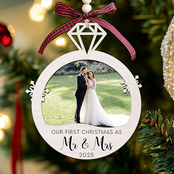 Personalized First Christmas Mr and Mrs Ornament Gifts - Wedding Gifts 2025 - Bridal Shower Bride Gift Ideas for Her, Married Couple, Newlywed - Picture Frame Wood Hanging Ornament 2025