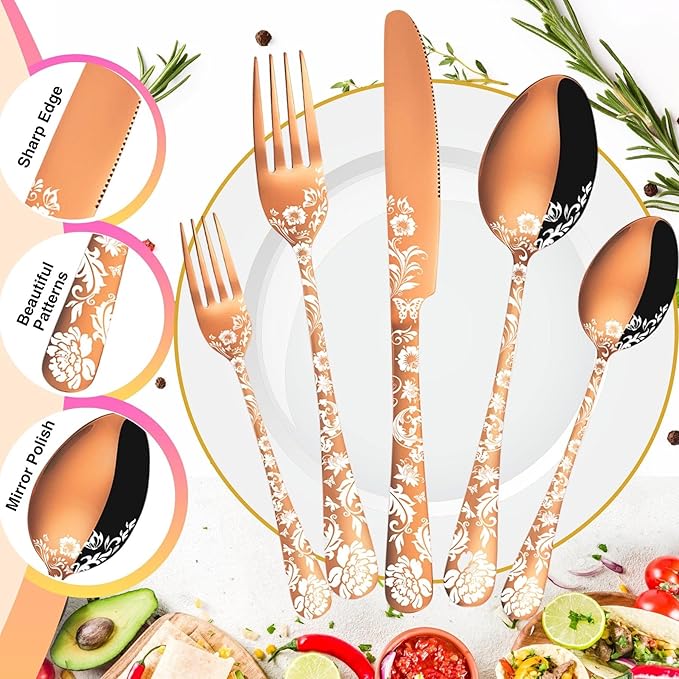 Vilihkc 20 piece Peony Flower Pattern Design Silverware Set, Stainless Steel Flatware Set Service for 4, Rose Gold Cutlery Set, Mirror Polished Utensil Set for Kitchen, Dishwasher Safe
