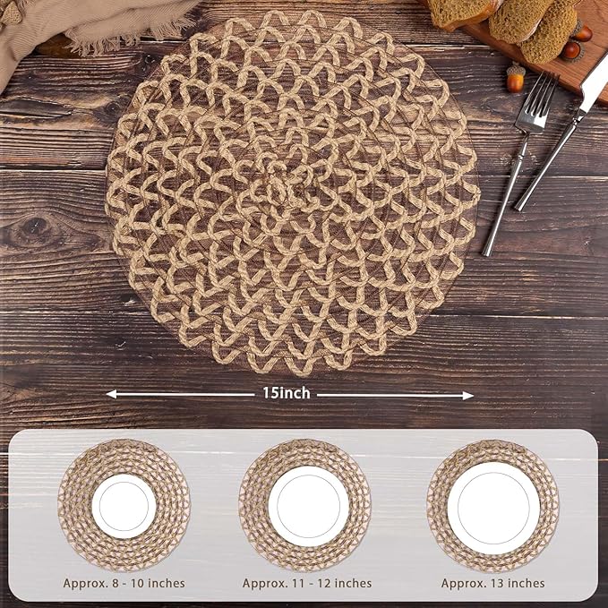 Noctiflorous Round Burlap Placemats Set of 6 Jute Rustic Place Mats for Dining Table Heat Resistant Natural Farmhouse Table Mats Decor (Jute Mesh, 6)