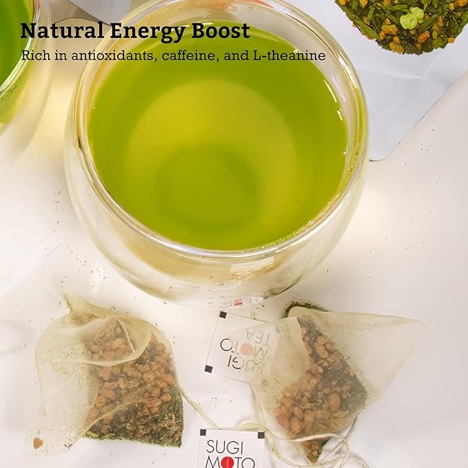 SUGIMOTO TEA Japanese Genmaicha with Matcha Green Tea Bags 20 Count